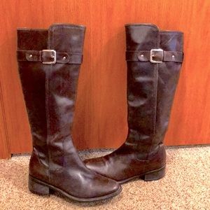 Cole Haan 7.5 tall side zip brown grain leather buckle accent riding boots EUC